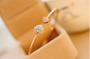 Adjustable Crystal Double Heart Bow Bilezik Cuff Opening Bracelet For Women Jewelry