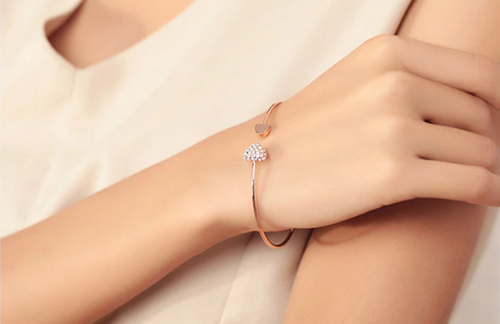 Adjustable Crystal Double Heart Bow Bilezik Cuff Opening Bracelet For Women Jewelry